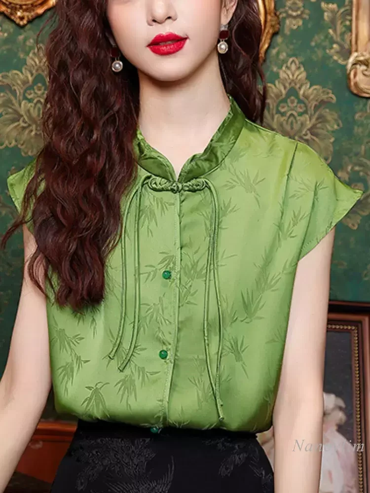 

New Chinese Style Green Jacquard Blouse Women's Short Sleeve Summer Top New National Style Chinese Knot Button Top Button Blusas