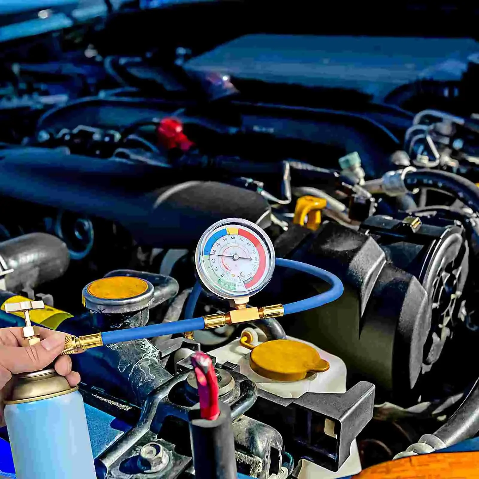 Car AC charging kit, R134A AC charging hose kit, can open pressure gauge Freon charging kit, with 1/2 inch puncture canister