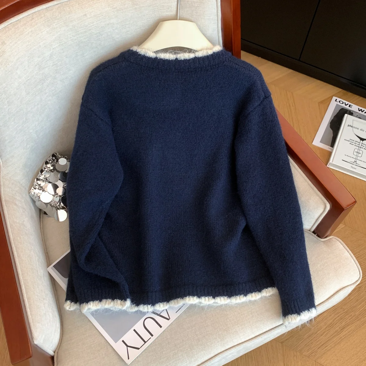 المرأة البحرية التطريز سترة سترة خمر البلوز متماسكة ملابس خارجية طويلة الأكمام سترة الكشمير المعنقة الخريف الشتاء 2000s الملابس