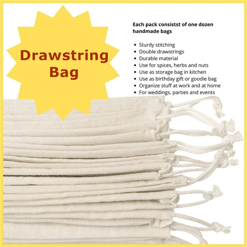 Reusable Cotton Linen Drawstring Bags Fabric Storage Pouch for Sundries Jewelry Wedding Gift Packaging Cloth Bags Small Pocket