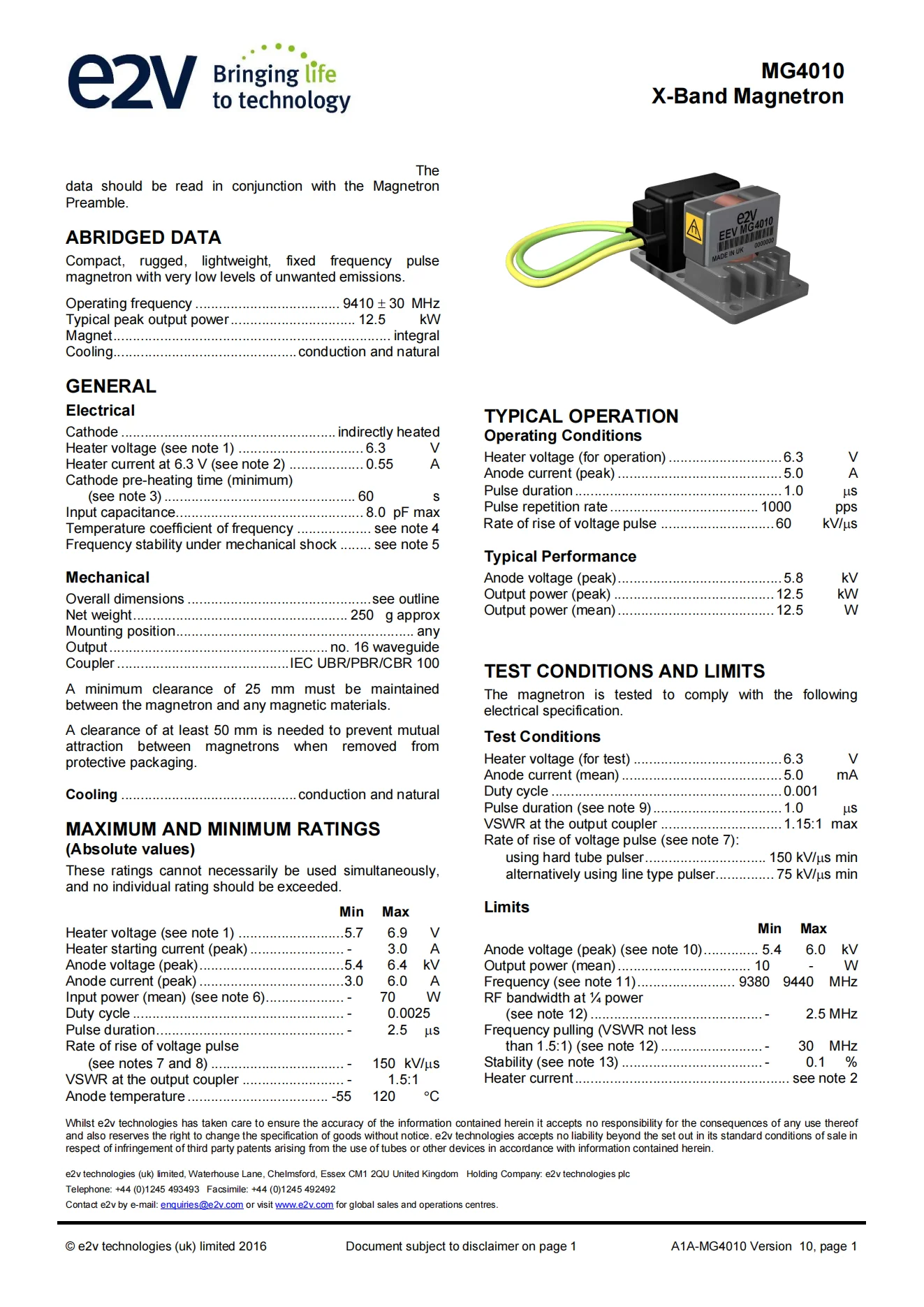 EEV 10kW x-band radar magnetron MG4010 by e2v