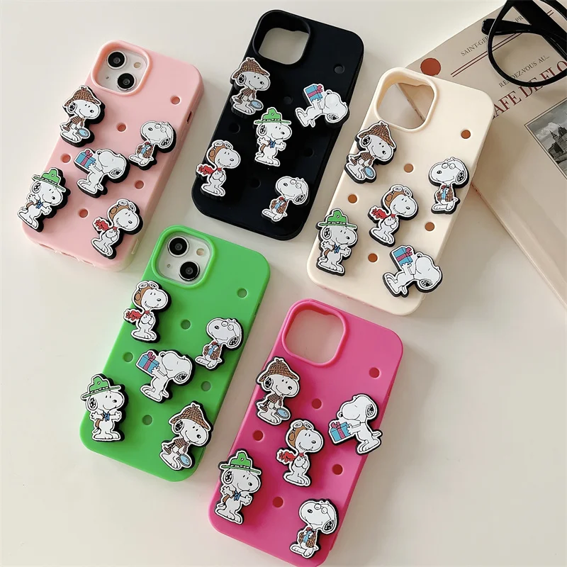 Cartoon Snoopy Peanuts DIY Candy Color Holes Silicon Phone Case for iPhone 15 13 12 11 14 Pro Max Shockproof Soft TPU Back Cover