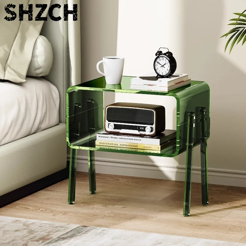 Transparent Side Table for Bedroom, Minimalist Acrylic Nightstand, Space Saving Organizer,Trendy Home Decor for Studio Apartment