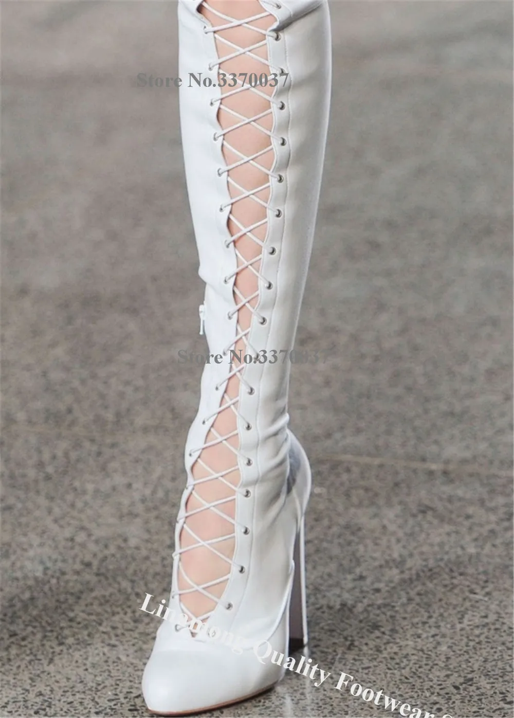 Linamong Sexy White Matte Leather Chunky Heel Knee High Boots Round Toe Cut-out Lace-up Thick Heel Long Boots
