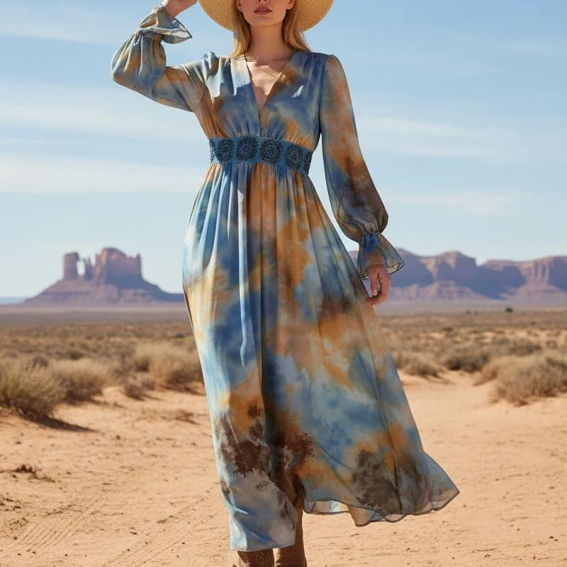 

Women Dresses Print Dress A Line V Neck Long Sleeves Ankle Length Empire Cinched Waist Slight Strech Loose Casual 2026 Spring