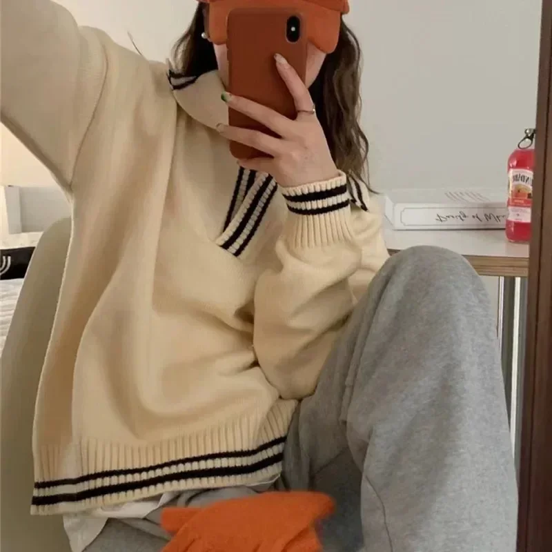 Deeptown Vintage Basic Gray Women Sweater Long Sleeve Striped Loose Korean Fashion Knit Pullovers Preppy Autumn Jumper Casual