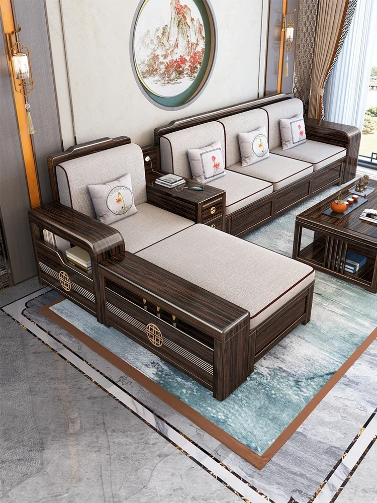 Wujinmu New Chinese-style all-solid Wood cloth sofa Modern Light luxury living Room small Household simple Furniture