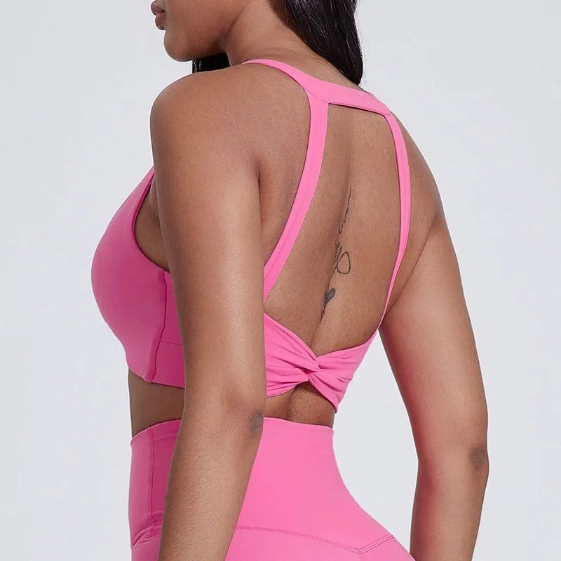 Sexy soft tight Front folds solid color Women cross back Fitness sports Bra Beautiful back with Chest Pad Comprehensive Training