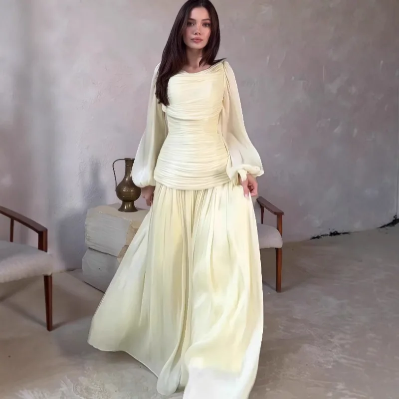 Women's Fashion Draped Design Solid Long Dress 2026 Casual Commute Waist Party Dresses Elegant O-neck Long Sleeve Evening Dress