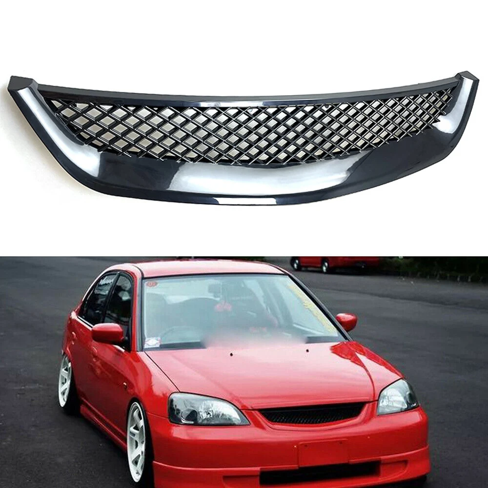 Glossy Black Front Engine Hood Mesh Grille Bumper Racing Grill for Honda Civic JDM Type R 2001-2003 2DR/4DR EM/ES