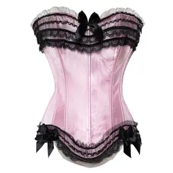 Women's Lace Bow Decorated Corset Top Sexy Satin Waist Cincher Overbust Lingerie Plus Size Burlesque Bustier Party Club Costumes