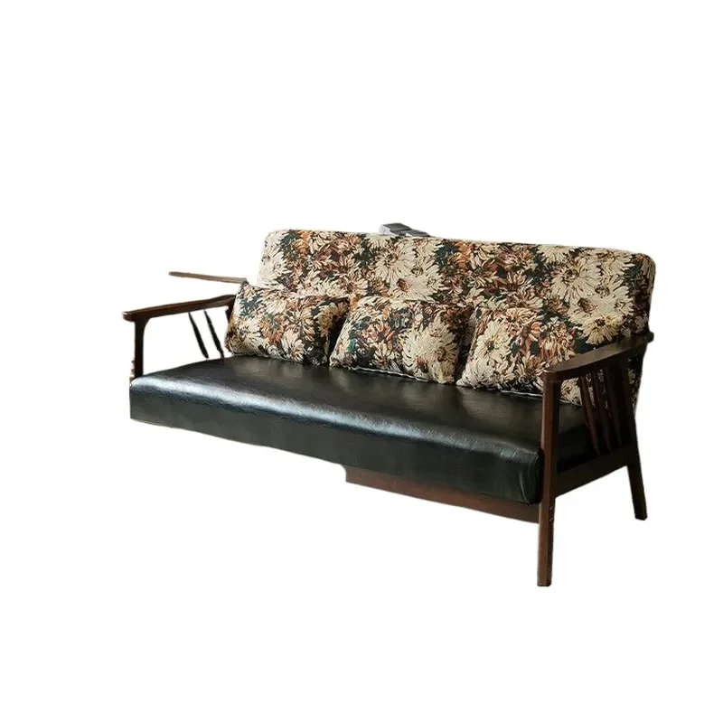 for Japanese Retro Solid Wood Sofa Small Apartment Living Room Balcony Fabric Sofa Straight Row Double Triple Casual Sofa