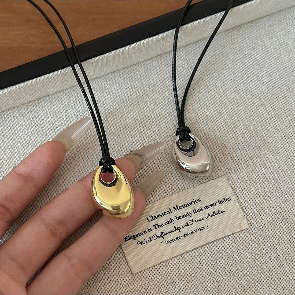 Pretty Cute Design Black Cord Irregular Metal Pendant Necklace for Women Long Style Adjustable Sweater Chain Jewelry