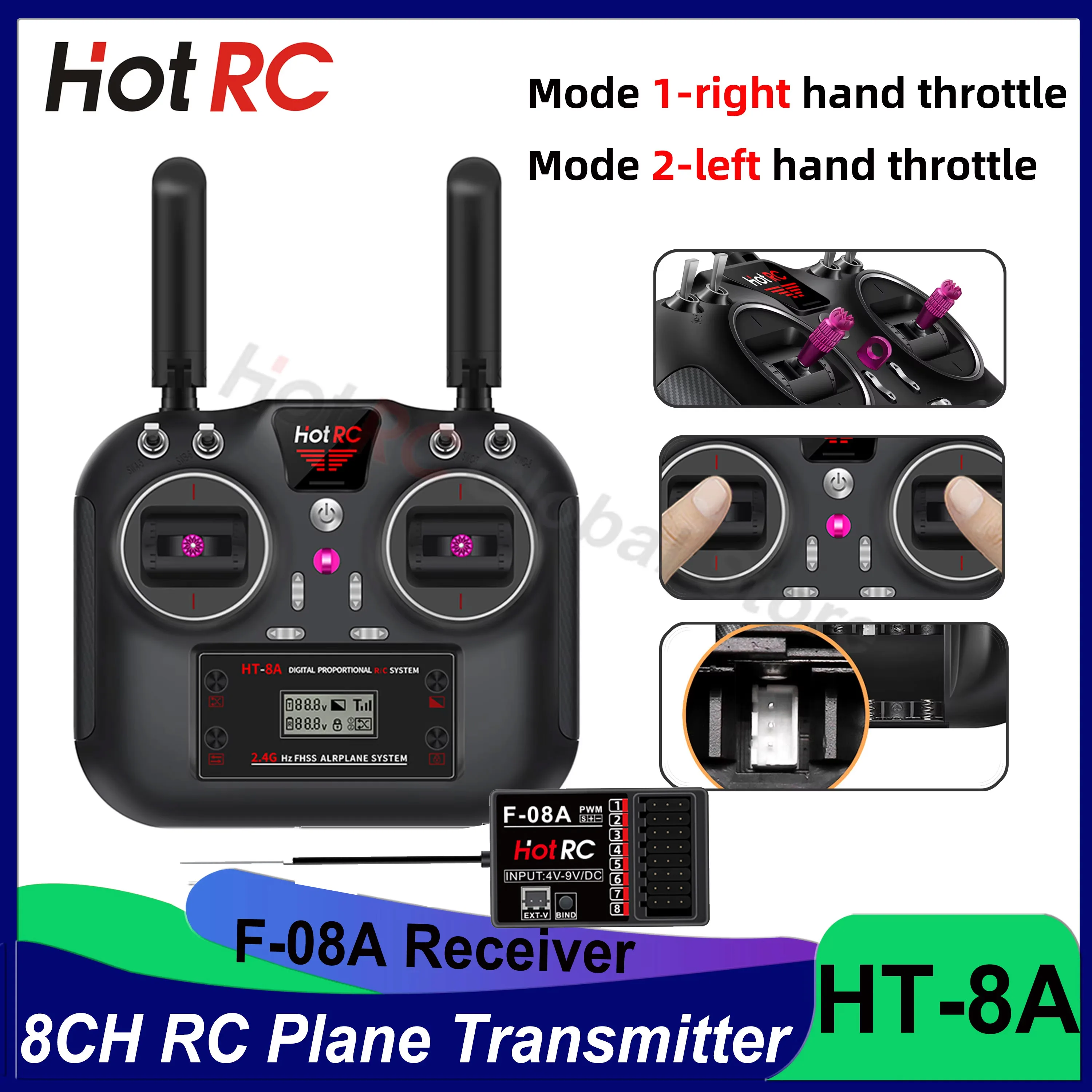 HOTRC 8CH 2.4G HT-8A PWM Transmissor com receptor de 8 canais Sistema de rádio Controle remoto para avião RC FPV Racing Drone