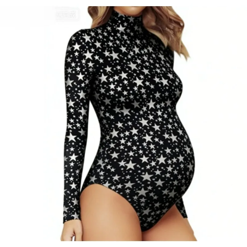 Women's Maternity Bodysuit - Long Sleeve Leopard Print Top for Photoshoots | Stretchy Soft , Pregnant Photoshoot One-piece suit