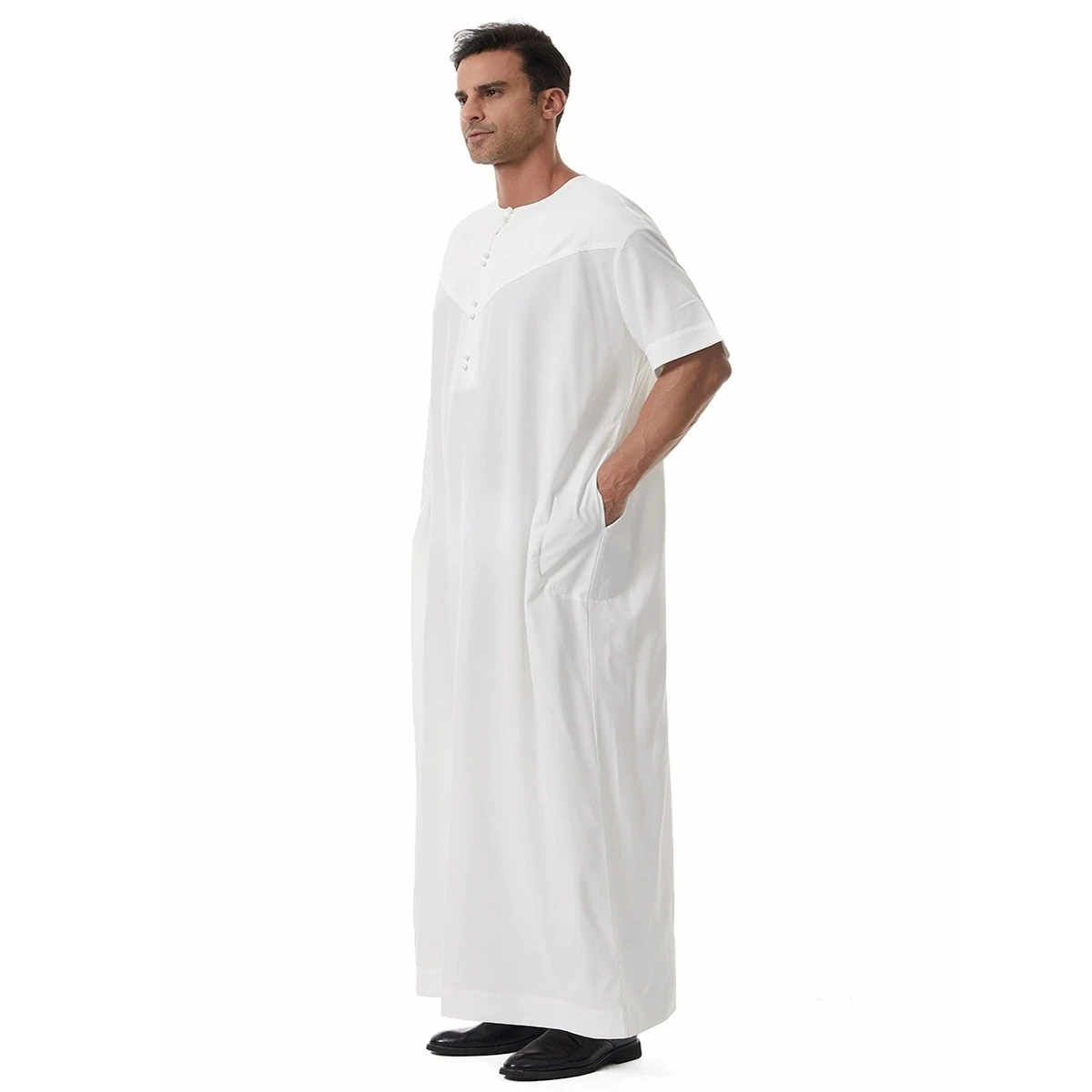 Abito lungo da uomo musulmano di lusso alla moda del Medio Oriente Dubai Saudi Türkiye Camicia lunga a maniche corte islamica Ramadan Hui Abbigliamento etnico