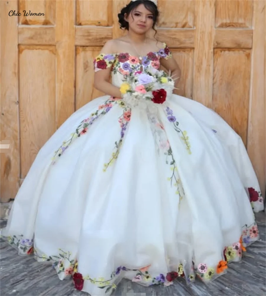 Beautiful Flowers Quinceanera Dress Charro Mexican Off Shoulders Ball Gown Sweet 16 Dress Fifteen Birthday Vestio Xv Customized