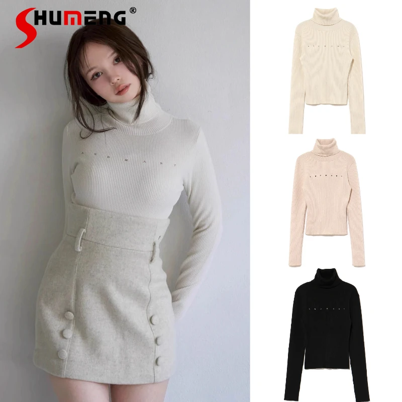 

2025 Autumn Winter New Japanese Style Sweet Black Pink Knitwear High Neck Comfortable Soft Slim Fit Knitted Sweater Top Pullover