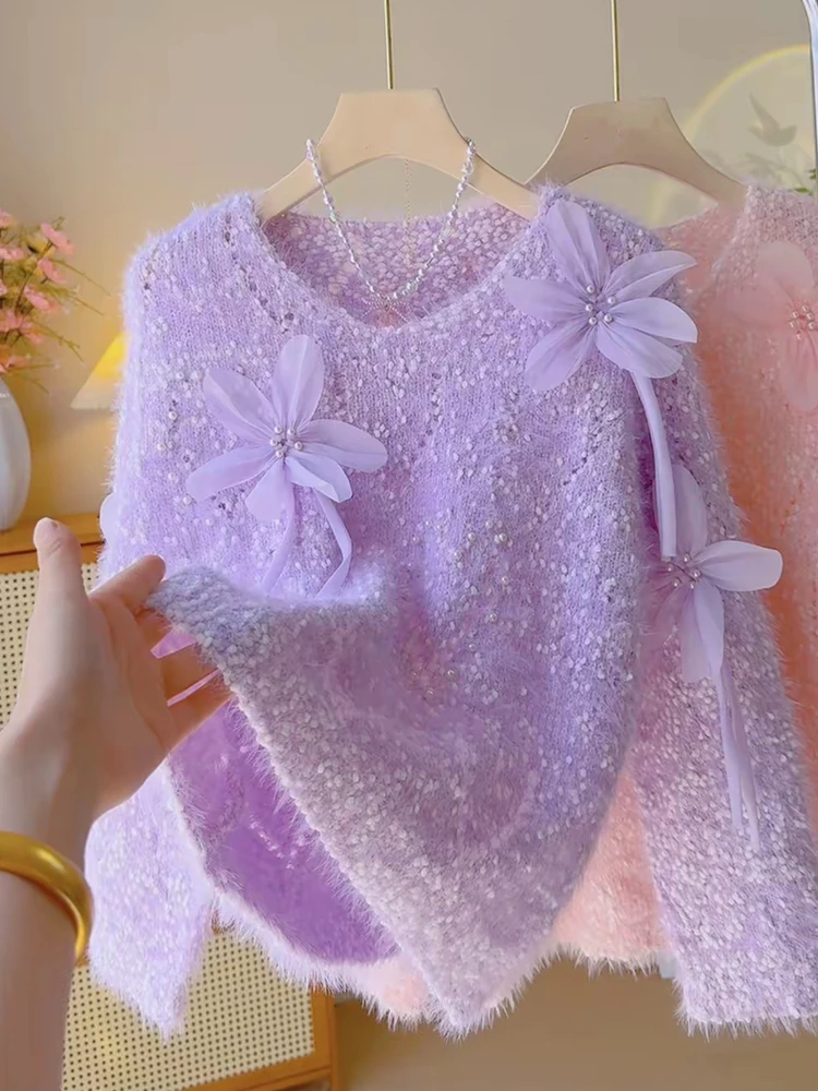 

Purple Hollow out 3D Flower Sweater Women's Autumn Winter New Sle Large Size Sweet Soft Versatile Knitted Top