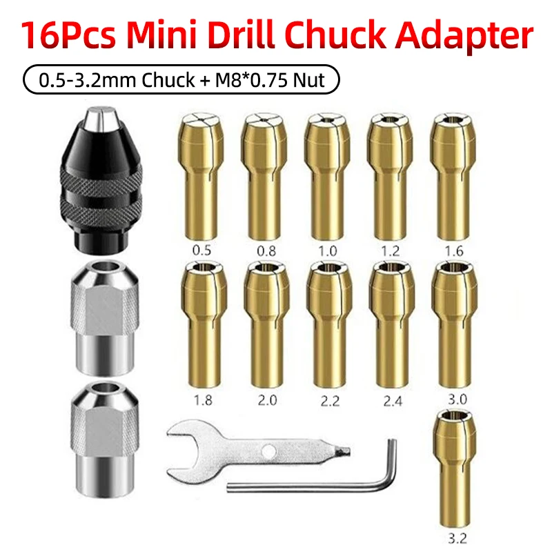 

Micro Mini Drill Chuck Adapter 0.5-3.2mm Brass Collet Bit M7/8×0.75 Nut Electric Motor Shaft For Dremel Rotary Tools Power Tools