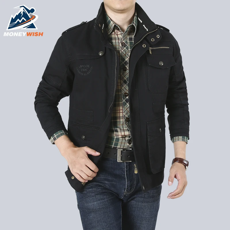 

MONEYWISH Pure Cotton Jacket 2025 New Fashion Classic Washed Multi Pocket Lapel Jacket Outdoor Casual Men Zipper Workwear Jacket