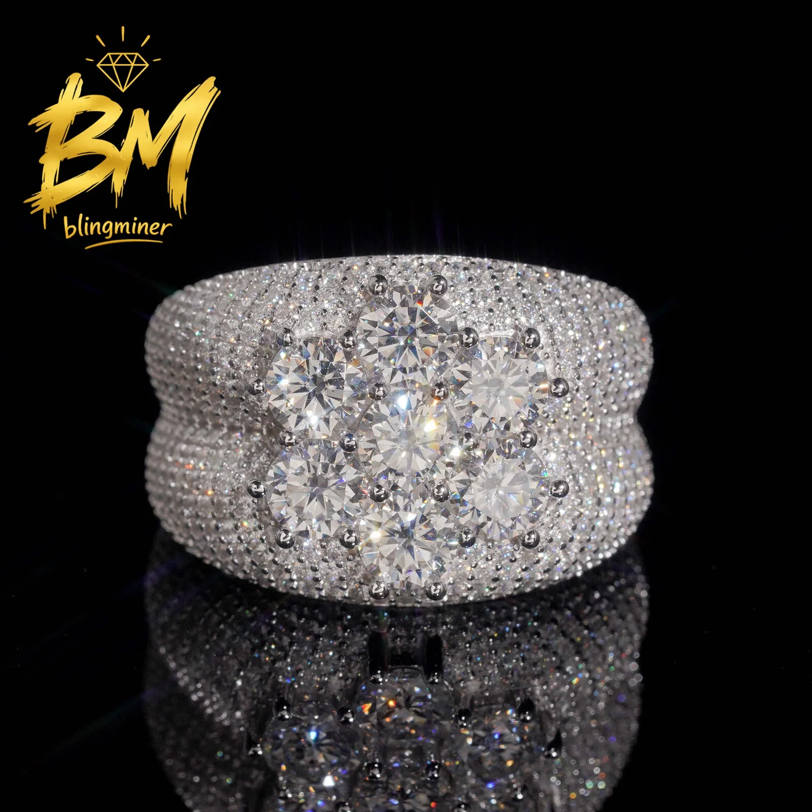 Blingminer Iced Out Clover Flower VVS Moissanite Rings For Men S925 Silver Finger Jewelry Pass Diamonds Tester Free Shipping