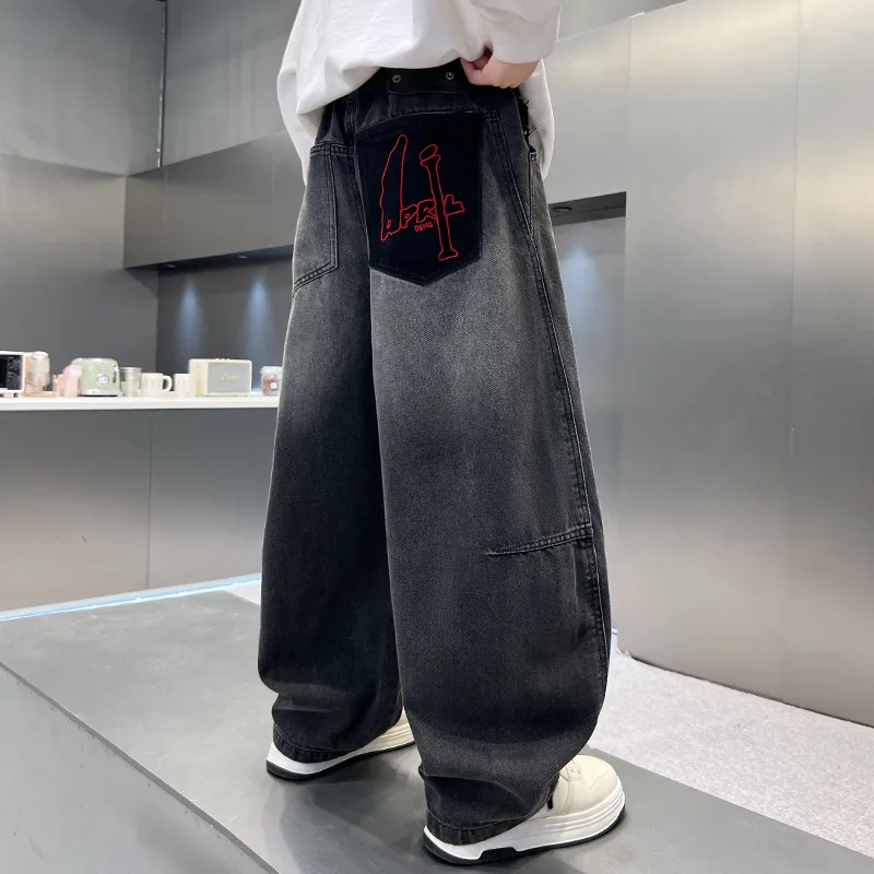 

Hip-Hop Street Gothic Kids Boys Letter Embroidery Jeans Spring Autumn Fashionable Children's Trousers Teen Casual Long Pants
