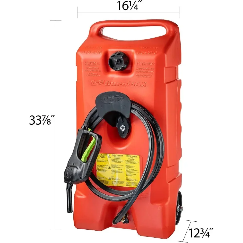 Flo N' Go Duramax 14 Gallon Portable Gas Fuel Tank Container Caddy with LE Fluid Transfer Siphon Pump and 10-Foot Long Hose, Red