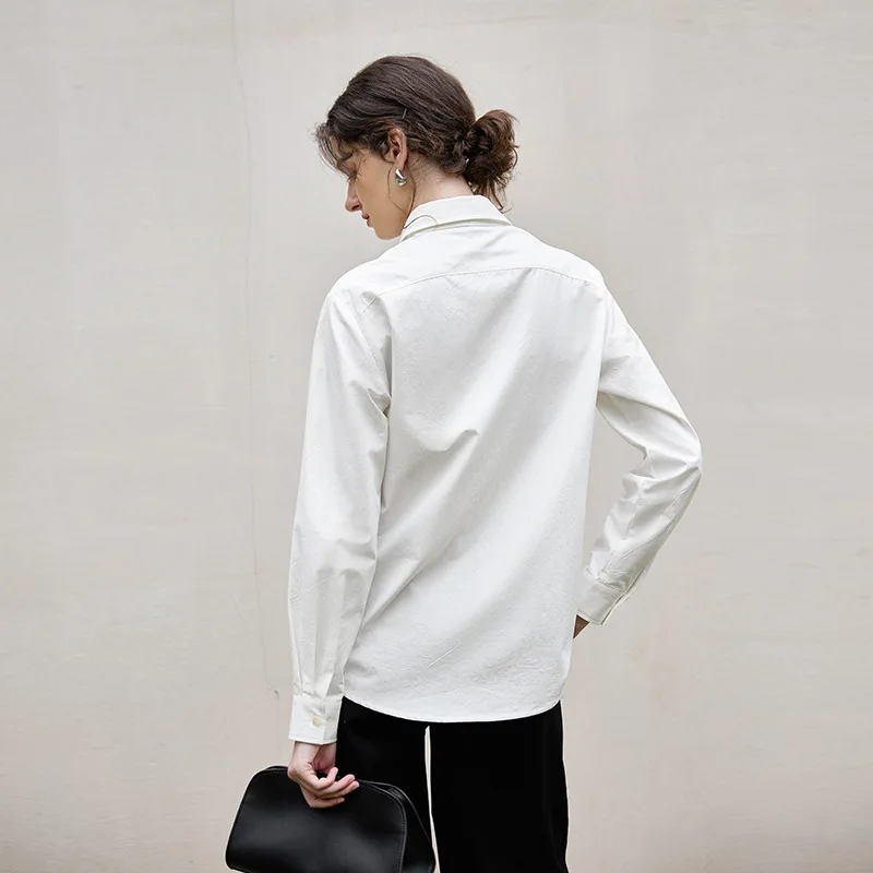 Camicetta bianca da donna in cotone e lino Manica lunga monopetto Colletto rovesciato Camicie da donna da ufficio larghe e casual alla moda