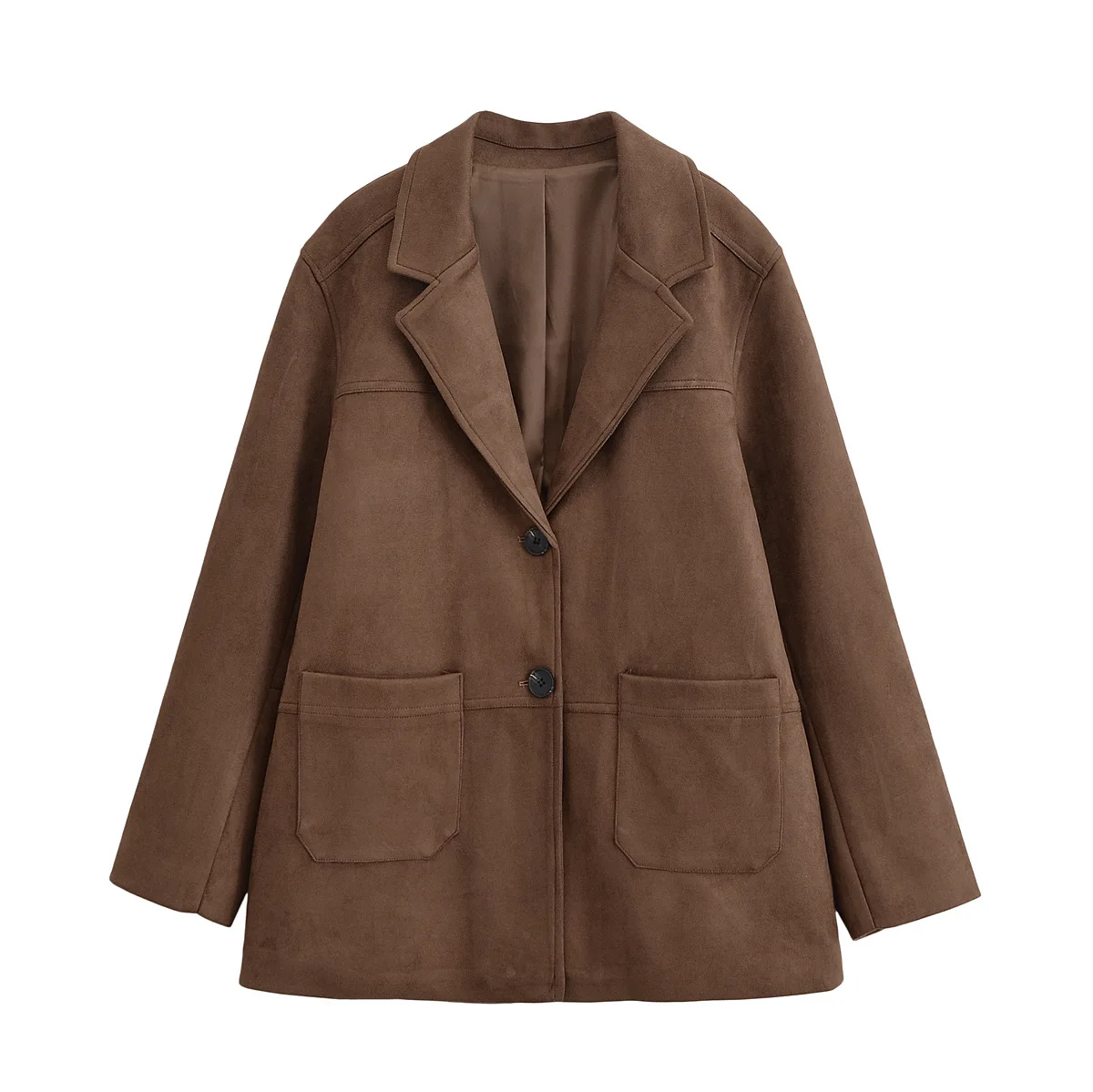 

KIDCRKJ Women Spring Suede Jacket Brown Suit Collar Single Breasted Pockets Lady's Outwear Temperament Chic Female Bomber Coat