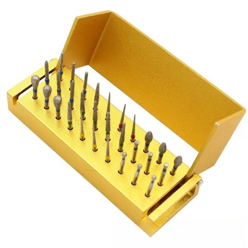 30pcs Dental Burs Kit with Aluminium Storage Holder Dental Diamond Burs for High-Speed Handpiece Turbine with Burs Placement Box