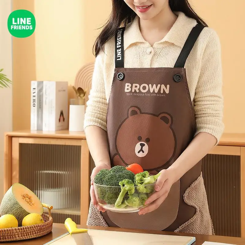 Line Friends Brown Bear Apron Sleeveless Apron Kawaii Coral Fleece Apron Cute Household Use Work Clothes Resistant To Dirt Smock