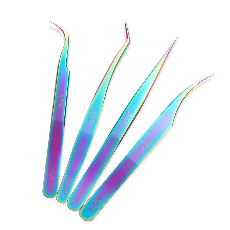 VTS Rainbow Eyelash Extension Tweezers Titanium Steel Anti Static Precision Straight Curved Tip Lash Tweezers False Eyelash Tool
