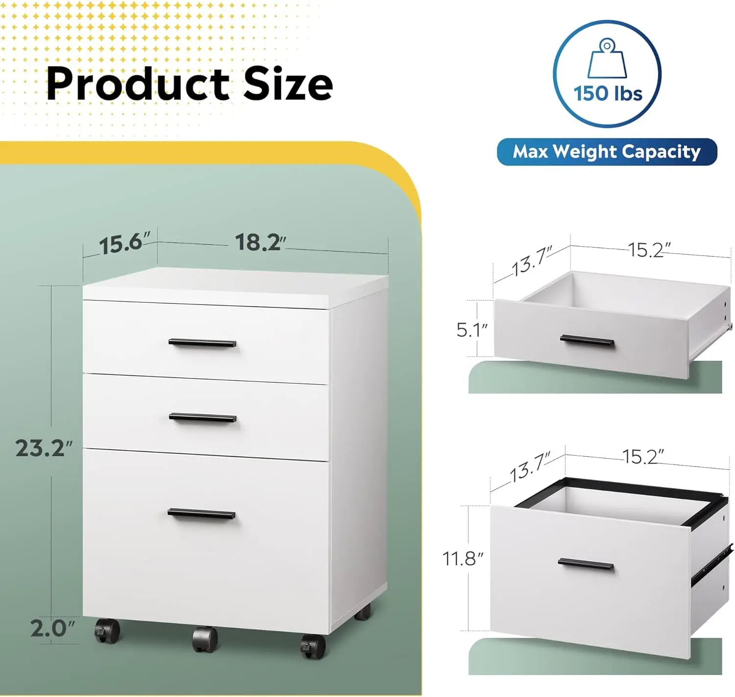 3 Drawer File Cabinet for Home Office,Durable Wood Under Desk Filing Cabinet,Rolling Printer Stand w/ Wheels,White/Black/Walnut