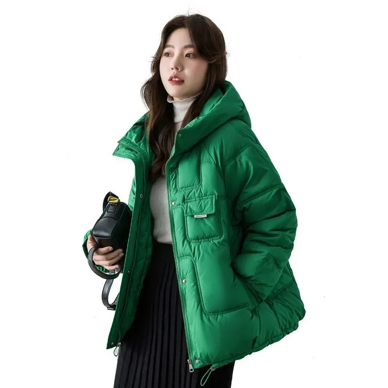 

Winter Short Down Cotton Jacket Women 2023 New Fashion Loose Coat Hooded Pocket Pure Colour Outerwear Parka Overcoat Female