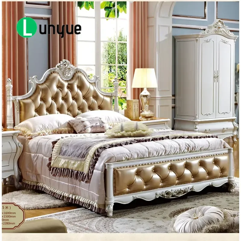 European Royal Style Genuine Leather Bed Frame Luxury Upholstered Platform Bed for Master Bedroom Elegant Design Durable