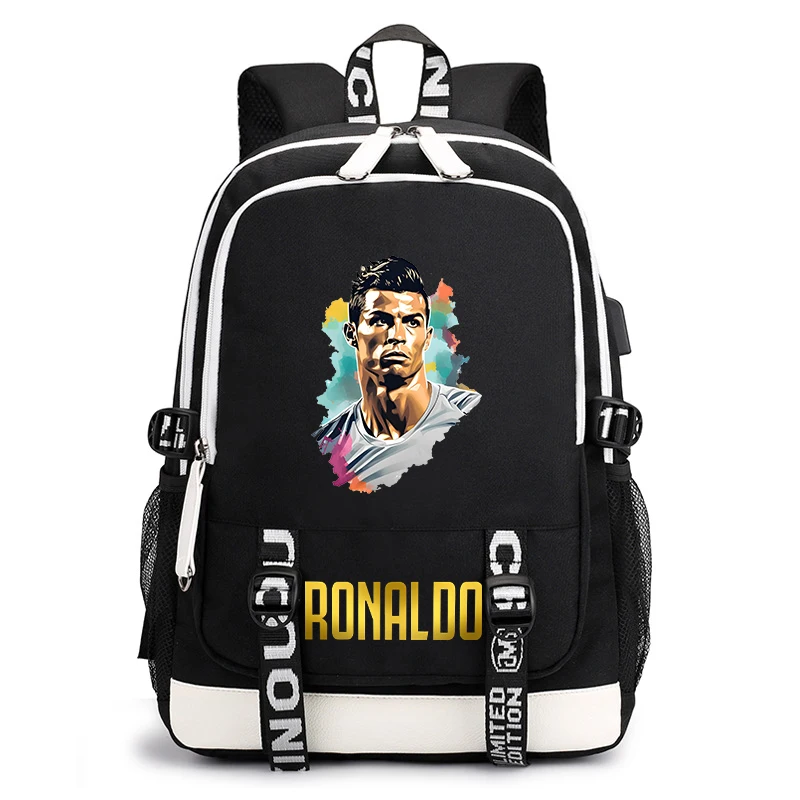 Mochila escolar con estampado de Ronaldo para estudiantes, mochila para niños, usb, bolsa de viaje para exteriores, bolsa informal negra