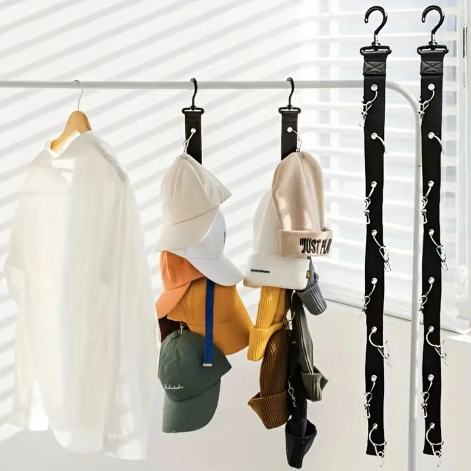 Versatile Multi-Purpose DIY Hanging Closet Organizer with 8 Clips - Vertical Shelf Rack for Caps - Free Punch Hat Holder Hangers