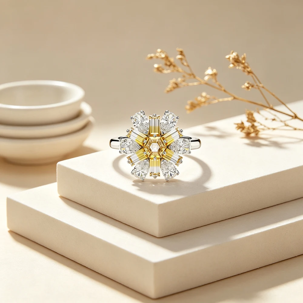 X-shaped cross ladder square full diamond ring, flower leaf shaped full diamond ring