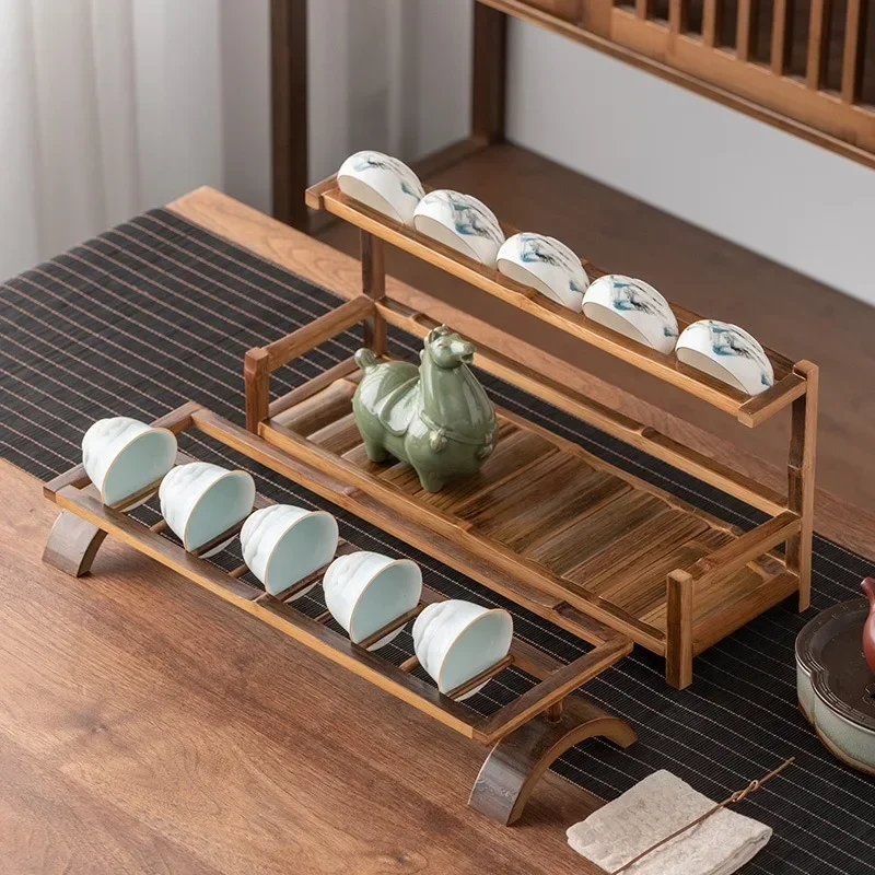Bamboo cup holder, retro Kung Fu tea set, storage rack, teacup rack, double-layer Bogu ,holder