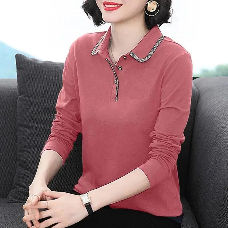 Polo Shirt Women's Long-sleeve Spring Lapel T-shirt 2023 New Fashion T-shirt Button Printing Casual Tees Elegant Fashion Tops
