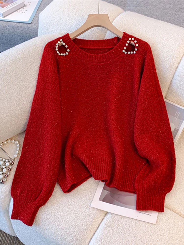 

Красный длинный вязаный свитер с круглым вырезом для женщин, свободный базовый топ, новинка зимнего сезона, французский дизайн, цветной