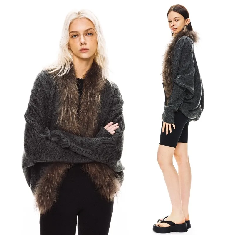 

Вязаный свитер с длинношерстным воротником, ленивый дизайн, элитный стиль, ниша и не столкновение, толстое пальто-кардиган в стиле ретро 2025 г.