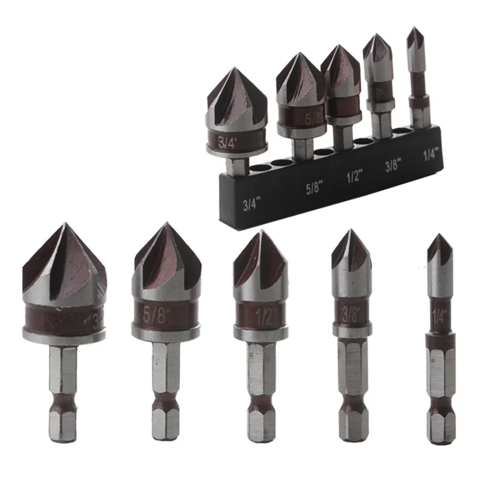 5 STKS Verzonken Bits 82 Graden 5 Fluit 1/4 Inch Hex Schacht HSS Hex Afschuining Saai Boor Ontbramen Bit voor Hout Metaal Plastic