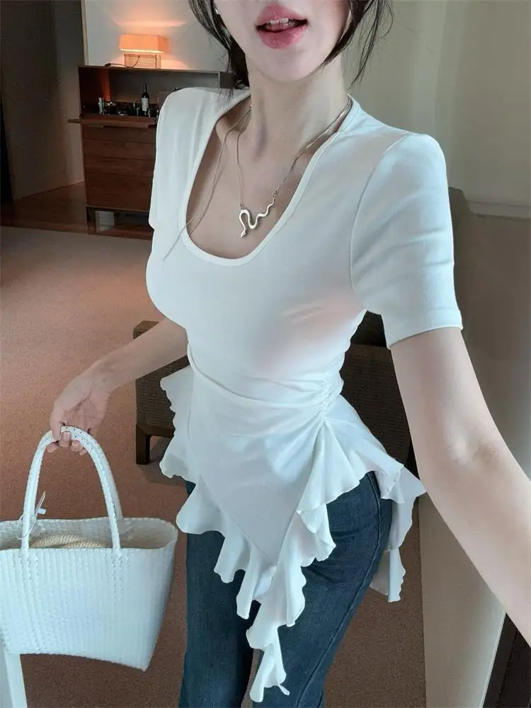 Camisetas de Manga Corta con Volantes, Moda Coreana Y2K para Mujer, Tops Irregulares, Camisetas Casuales de Cuello Cuadrado para Verano y Otoño