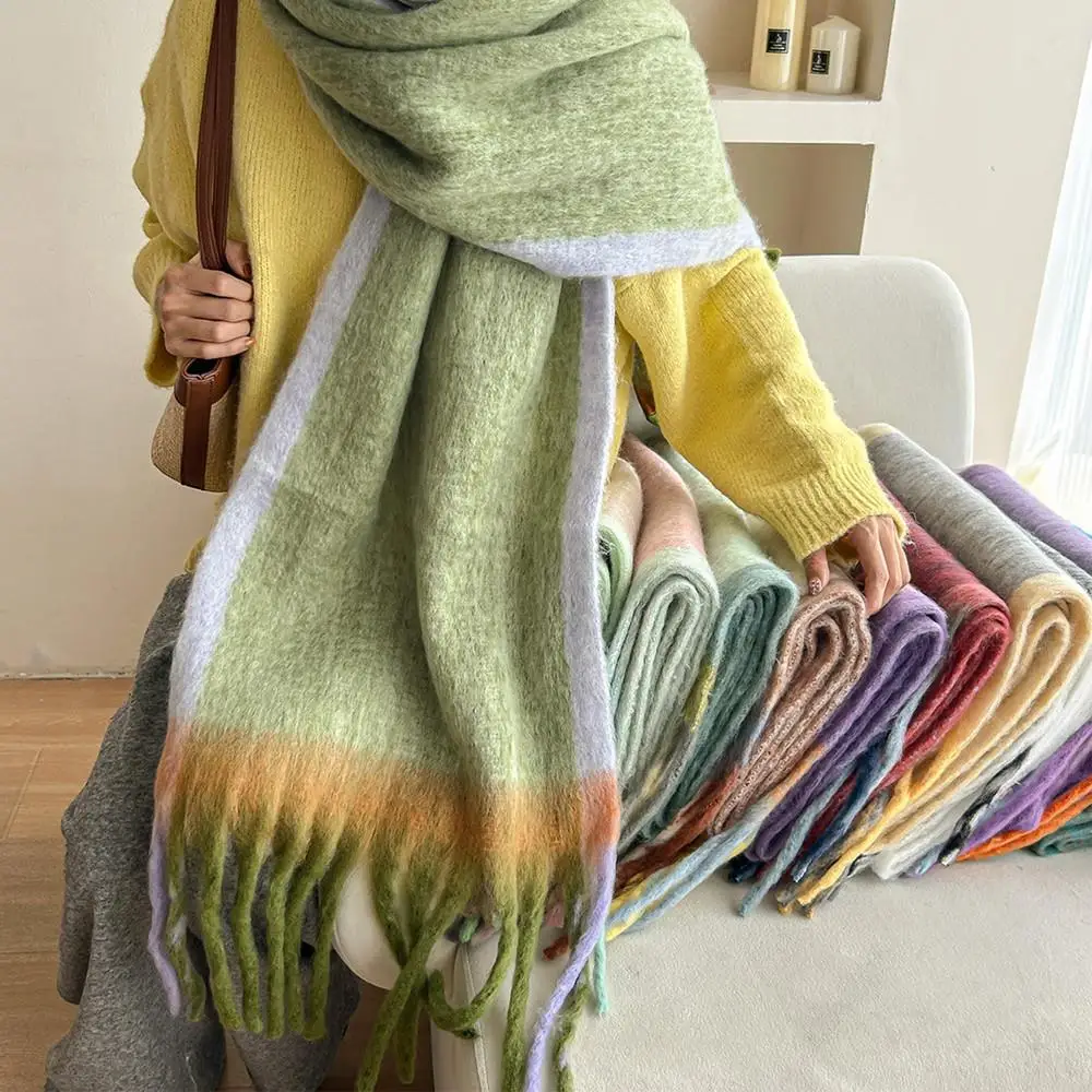 Women\'s Winter Cashmere Scarf Stripe Mohair Long Tassel Scarves Fashion Luxury Warm Wool Scarves Shawl Soft Thicken Shawl Wrap