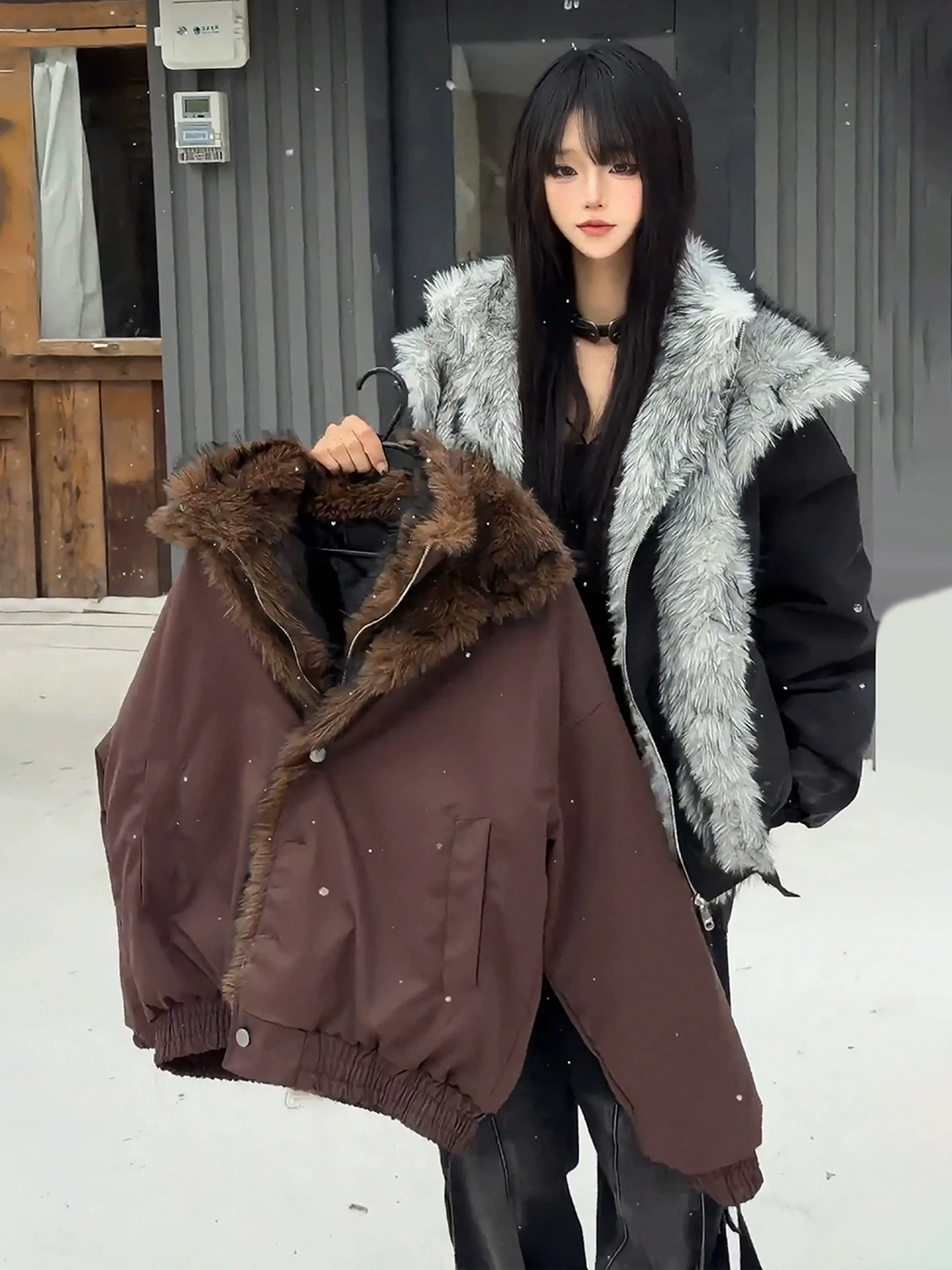 

Wolf King Double Layer Fur Collar Jaet Men's Winter Thiened Fake Mink Outerwear Casual Warm Long Sve Zipper Closure Co...