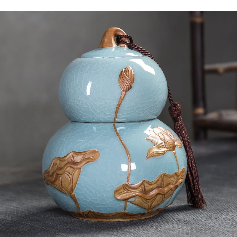Gourd Shaped Ceramic Tea Can Pattern Moisture-proof Sealed Jar Box Candy Dried Fruit Household Storage Jars