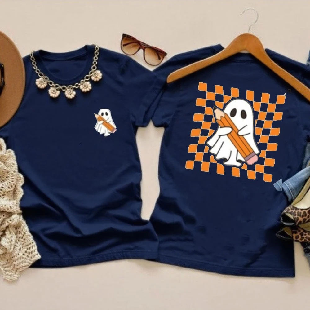 ハロウィン教師シャツかわいいゴースト教師ハロウィンシャツ、不気味な教師トップスオールハロウィンデイシンプルスタイル女性Tシャツ