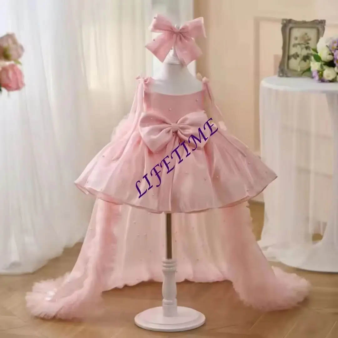 Sage Green Flower Girl Dress with Layered Pearls Tulle Sequins Bow - Customized Baby Birthday Party Infant Gown